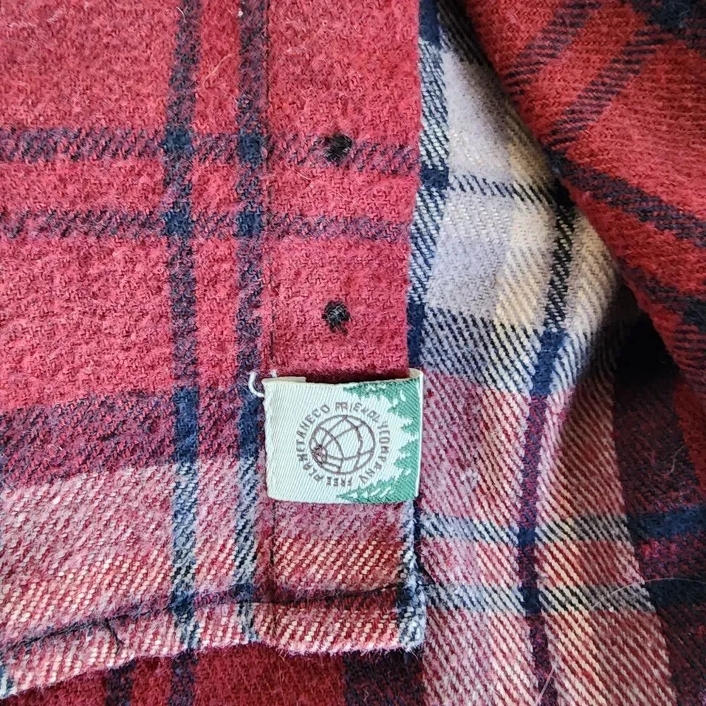 Free Planet Flannel Shirt Jacket with Hood Red Plaid 100% Cotton Mens Size Large